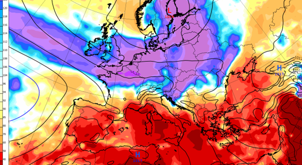 Colour graphic of weather in UK and Europe